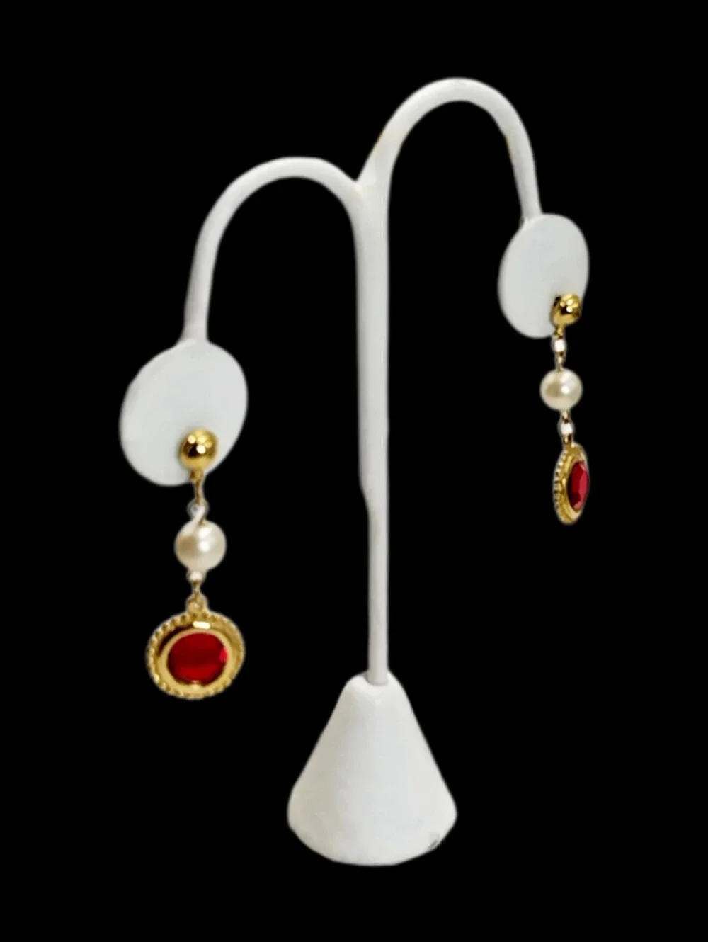 Deep Red Crystal & Faux Pearl Gold Tone Dangle Earrings 1.6
